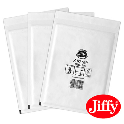 50 x Jiffy Airkraft Size 1 White Bubble Envelopes Bags 170x245mm (JL1W)